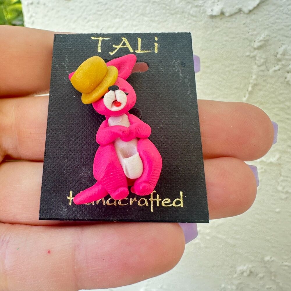 Vintage Jewelry Tali Handcrafted Pink Kangaroo Brooch Poland Kangaroo in Hat pin